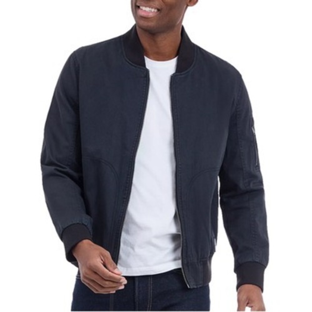 Lucky Brand Mens Navy Blue Bomber Flight Jacket Orange Lining Large RN 79675